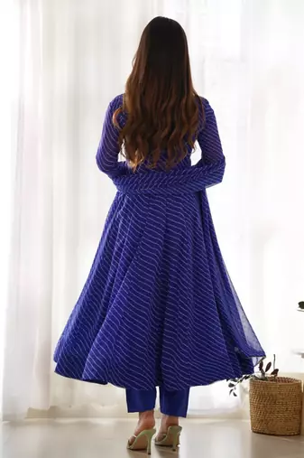 Blue color leheriya print faux georgette anarkali set full stitched.