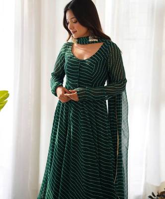 Green color leheriya print faux georgette anarkali set full stitched 4