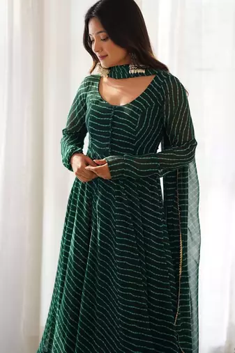Green color leheriya print faux georgette anarkali set full stitched.