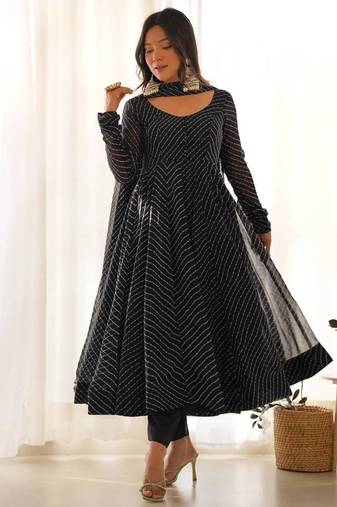 Black color leheriya print faux georgette anarkali set full stitched.