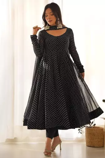 Black color leheriya print faux georgette anarkali set full stitched.