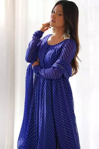 Blue color leheriya print faux georgette anarkali set full stitched.