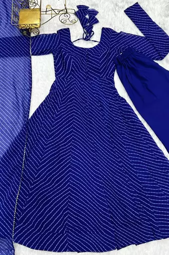 Blue color leheriya print faux georgette anarkali set full stitched.