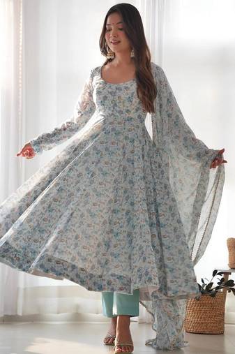 Sky blue color floral printed chiffon anarkali set full stitched.