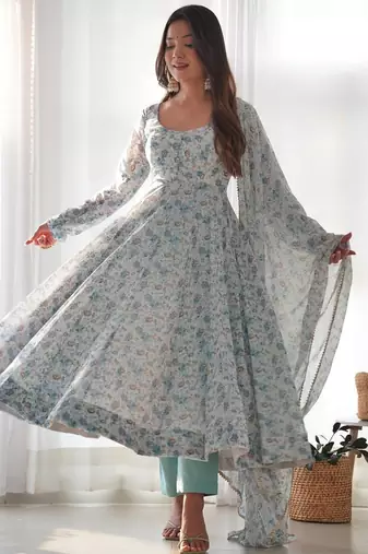 Sky blue color floral printed chiffon anarkali set full stitched.