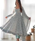 Sky blue color floral printed chiffon anarkali set full stitched.