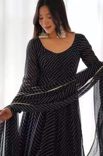 Black color leheriya print faux georgette anarkali set full stitched.