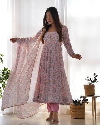 Pink color floral printed chiffon anarkali set full stitched 1