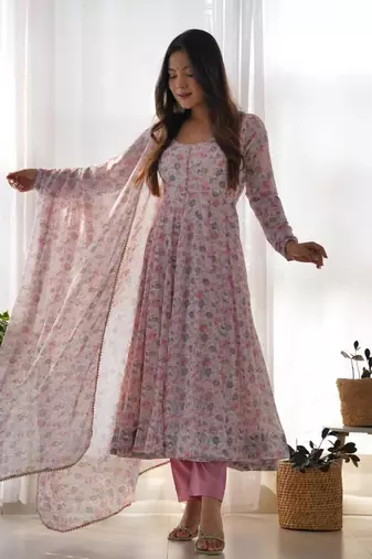 Pink color floral printed chiffon anarkali set full stitched.