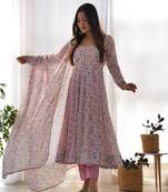 Pink color floral printed chiffon anarkali set full stitched.