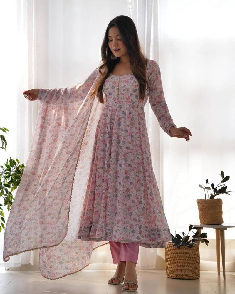 Pink color floral printed chiffon anarkali set full stitched.