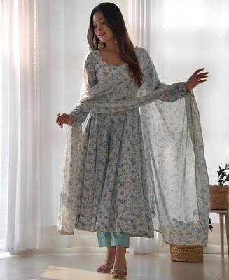 Sky blue floral printed chiffon anarkali set full stitched 3