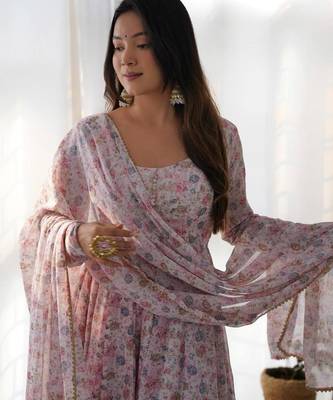 Pink color floral printed chiffon anarkali set full stitched 2