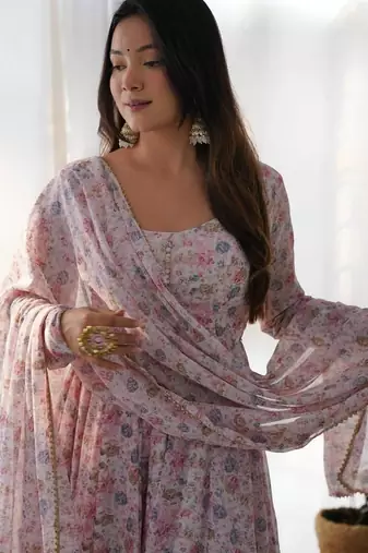Pink color floral printed chiffon anarkali set full stitched.