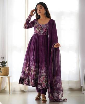 Wine flower printed orgenza silk anarkali set full stitched 1