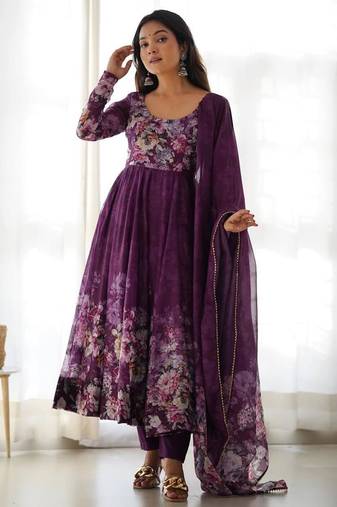 Wine color flower printed orgenza silk anarkali set full stitched.
