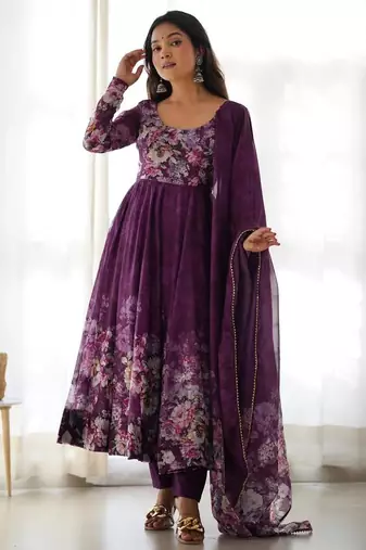 Wine color flower printed orgenza silk anarkali set full stitched.
