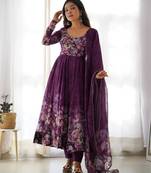 Wine color flower printed orgenza silk anarkali set full stitched.