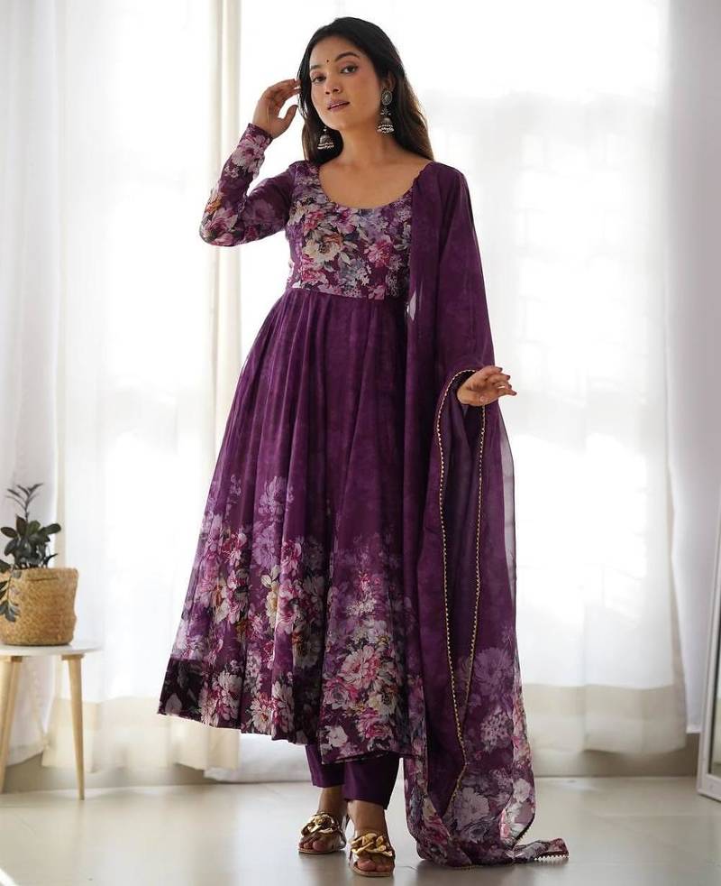 Wine color flower printed orgenza silk anarkali set full stitched.