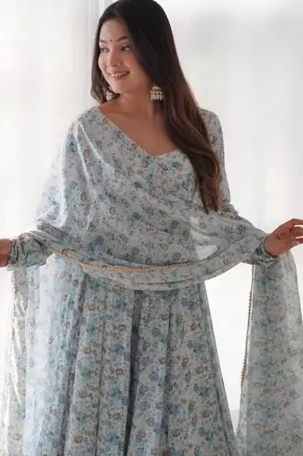Sky blue color floral printed chiffon anarkali set full stitched.