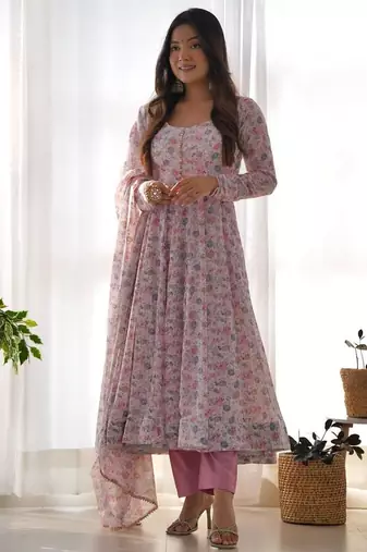 Pink color floral printed chiffon anarkali set full stitched.