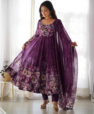 Wine flower printed orgenza silk anarkali set full stitched 2