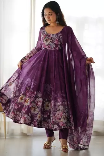 Wine color flower printed orgenza silk anarkali set full stitched.