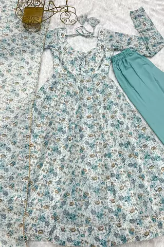 Sky blue color floral printed chiffon anarkali set full stitched.