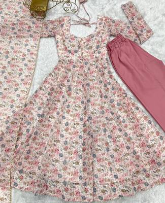 Pink color floral printed chiffon anarkali set full stitched 5
