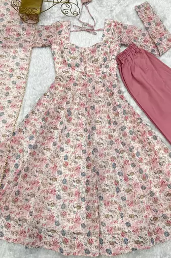 Pink color floral printed chiffon anarkali set full stitched.