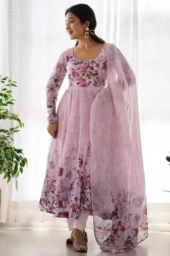 Light pink color flower printed orgenza silk anarkali set full stitched.