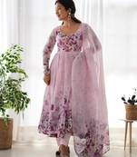 Light pink color flower printed orgenza silk anarkali set full stitched.