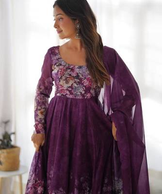 Wine flower printed orgenza silk anarkali set full stitched 4