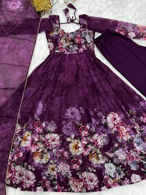 Wine flower printed orgenza silk anarkali set full stitched 5