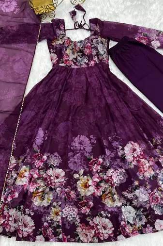 Wine color flower printed orgenza silk anarkali set full stitched.