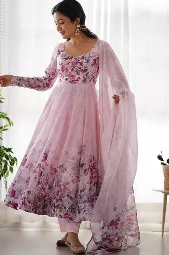 Light pink color flower printed orgenza silk anarkali set full stitched.