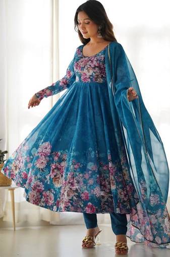 Rama blue color flower printed orgenza silk anarkali set full stitched.