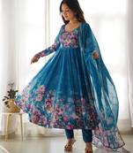 Rama blue color flower printed orgenza silk anarkali set full stitched.