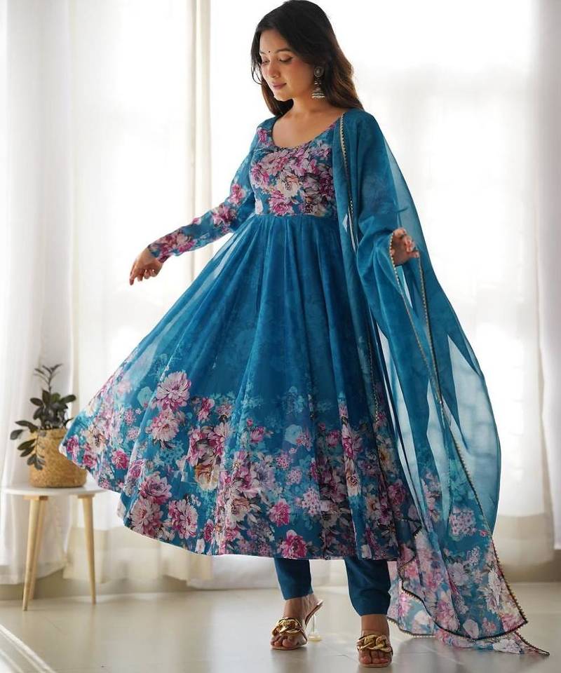Rama blue color flower printed orgenza silk anarkali set full stitched.