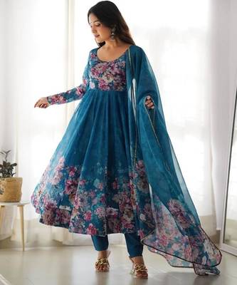 Rama blue color flower printed orgenza silk anarkali set full stitched 2