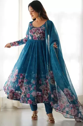Rama blue color flower printed orgenza silk anarkali set full stitched.
