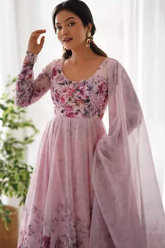Light pink color flower printed orgenza silk anarkali set full stitched.