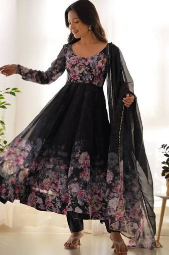 Black color flower printed orgenza silk anarkali set full stitched.