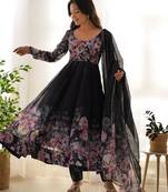 Black color flower printed orgenza silk anarkali set full stitched.