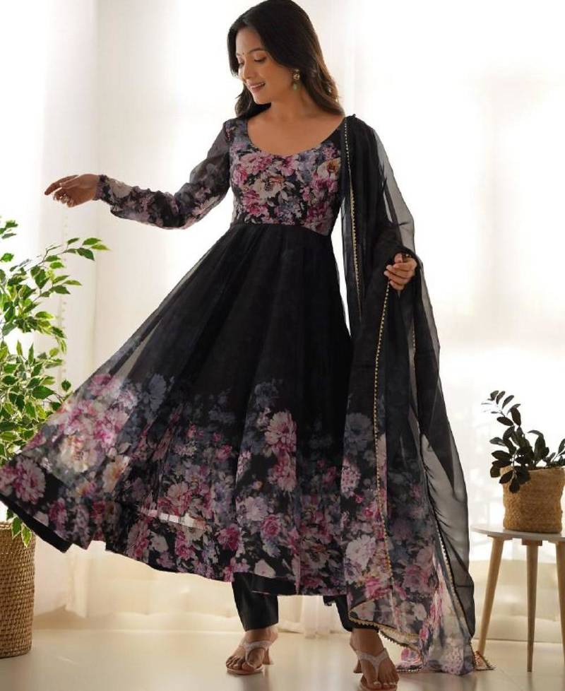Black color flower printed orgenza silk anarkali set full stitched.