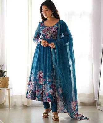 Rama blue color flower printed orgenza silk anarkali set full stitched 3