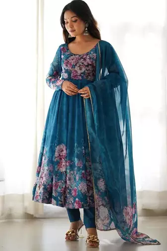 Rama blue color flower printed orgenza silk anarkali set full stitched.