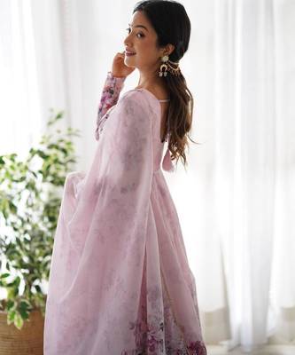 Light pink color flower printed orgenza silk anarkali set full stitched 4