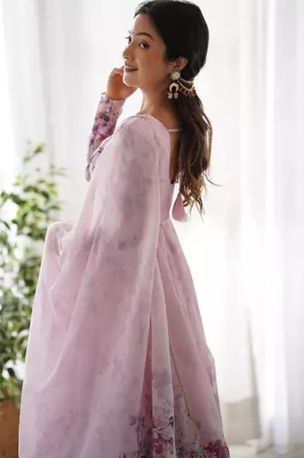 Light pink color flower printed orgenza silk anarkali set full stitched.