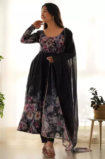 Black color flower printed orgenza silk anarkali set full stitched.
